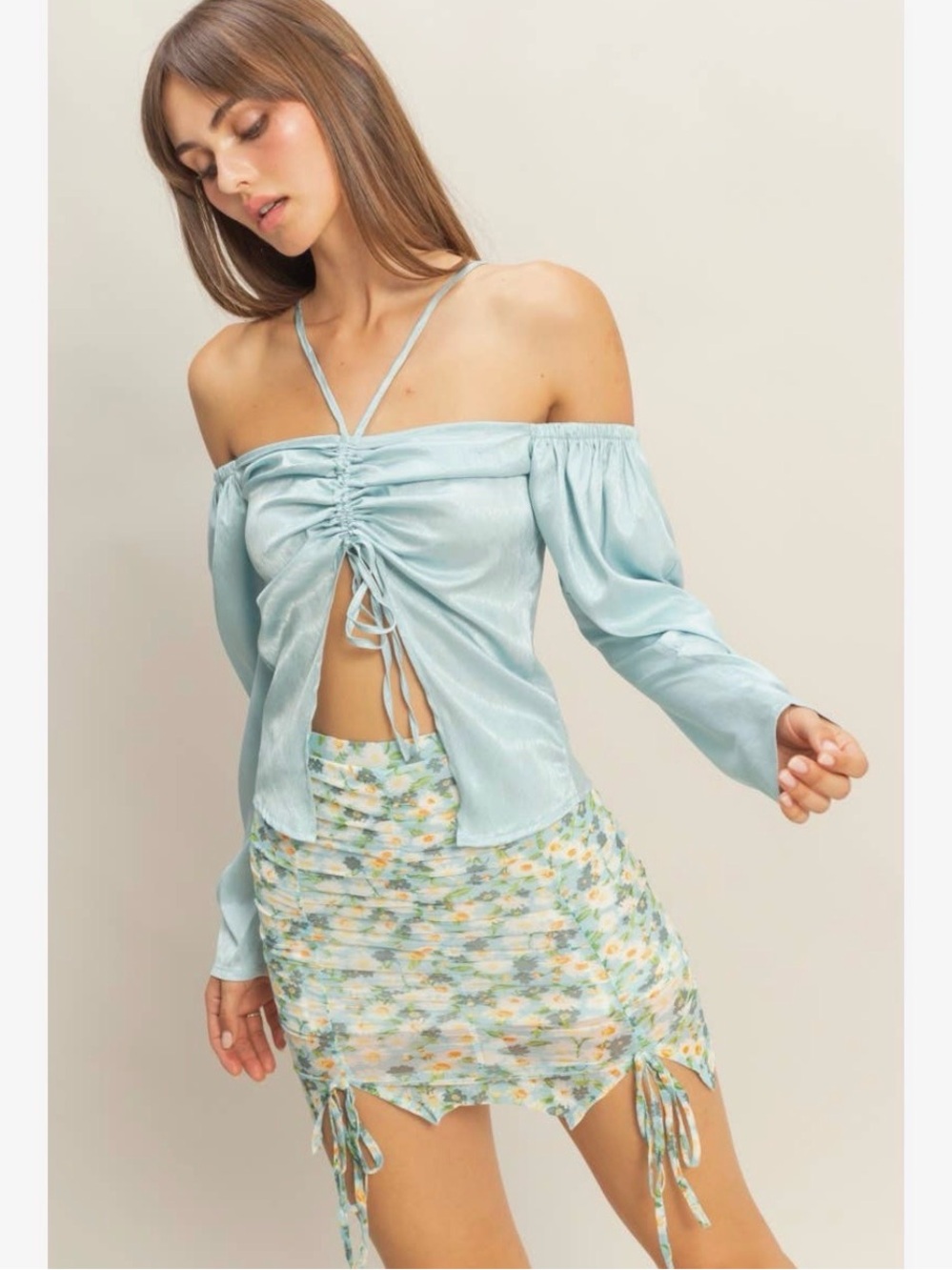 HYFVE Light Blue Satin Ruched Off Shoulder Tie Front Blouse Size S M L NWT